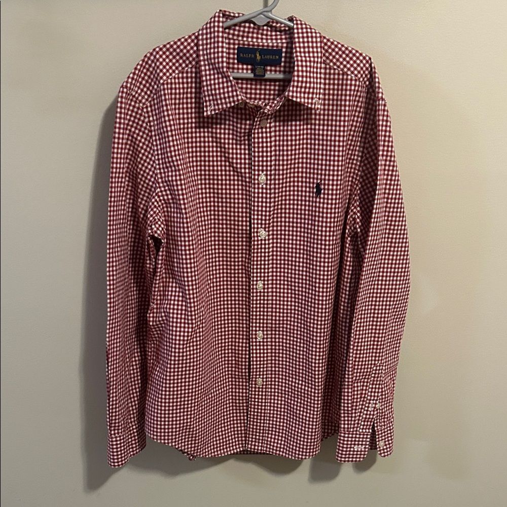 Ralph Lauren Boys Long Sleeve Button Down Shirt Red Check Pattern. Size Large